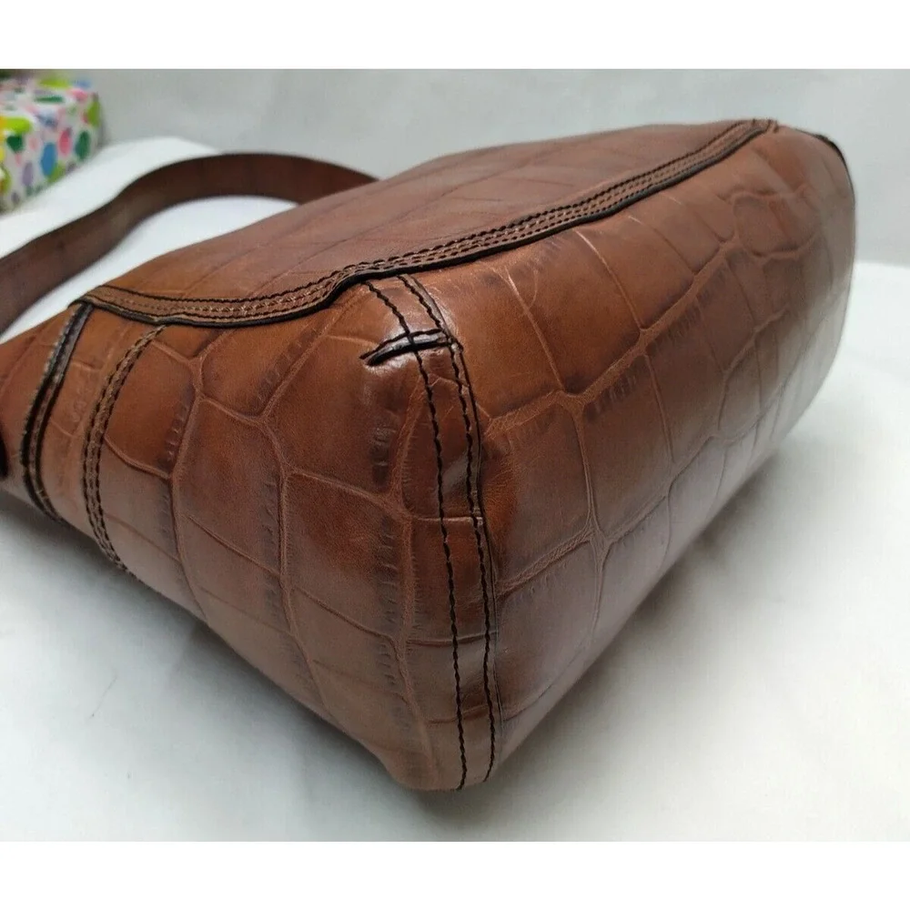 Fossil Brown Leather Crocodile Embossed Zipper Closure Hobo Shoulder Bag